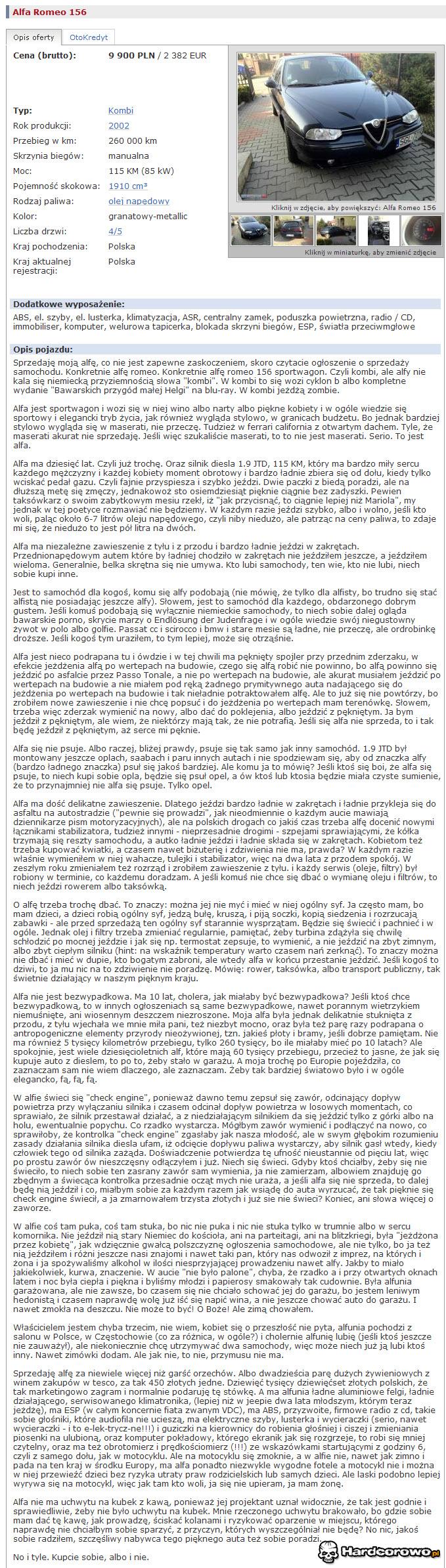 Epicki opis Alfy Romeo 156 - tak pisarz sprzedaje auto - 1